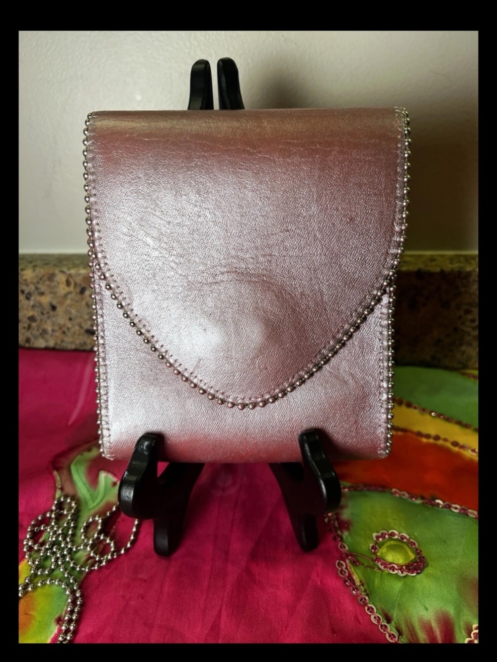 Shimmery Rose Pink Beaded-Trim Crossbody Bag 6” Tall, 5” Wide
